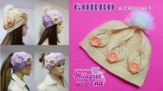 Gorro MODELO 3: Gorro coletero y con pompon tejido a crochet en punto HOJAS EN RELIEVES CON PIAS