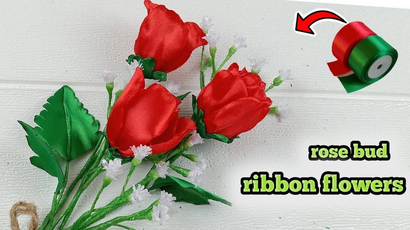 Bunga mawar merah dari pita satin, , rose bud satin ribbon