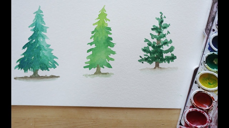 3 ways to paint a Pine Tree with Watercolor Beginning to