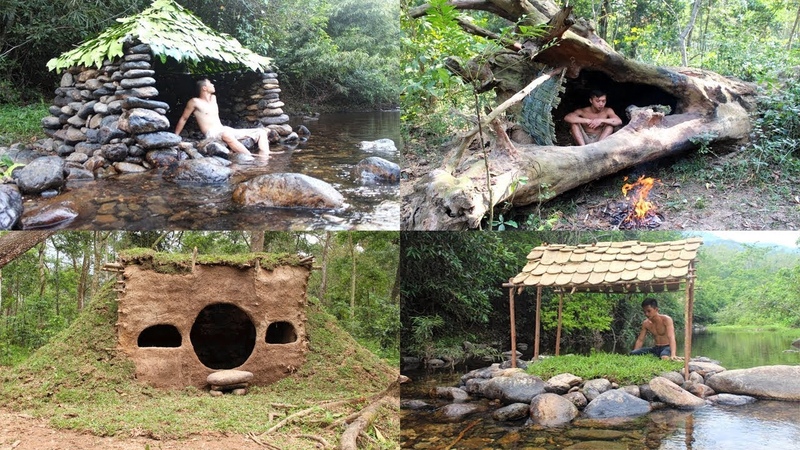 Primitive Technology: Build Stone Hut, House in the Trunk, Hobbit House, Tiled Roof