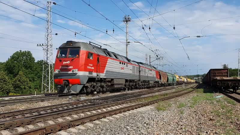 Дизель в тяге 2ТЭ25КМ 0069 с грузовым поездом, Ясная Поляна,