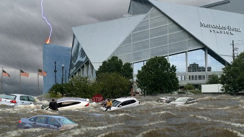 Georgia USA underwater Cars floating in water, flash flooding in Atlanta,
